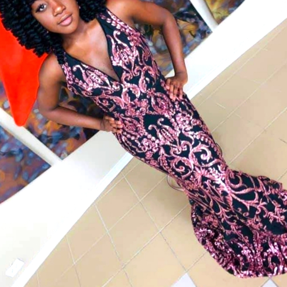 Elegant Black and Pink Sequins Evening Gown